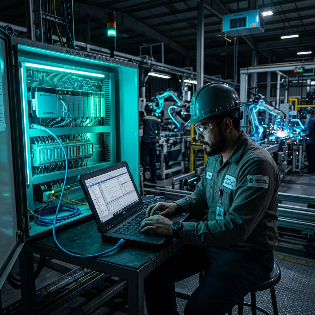Ingeniero Programador de PLC laborando en tablero industrial en Saltillo